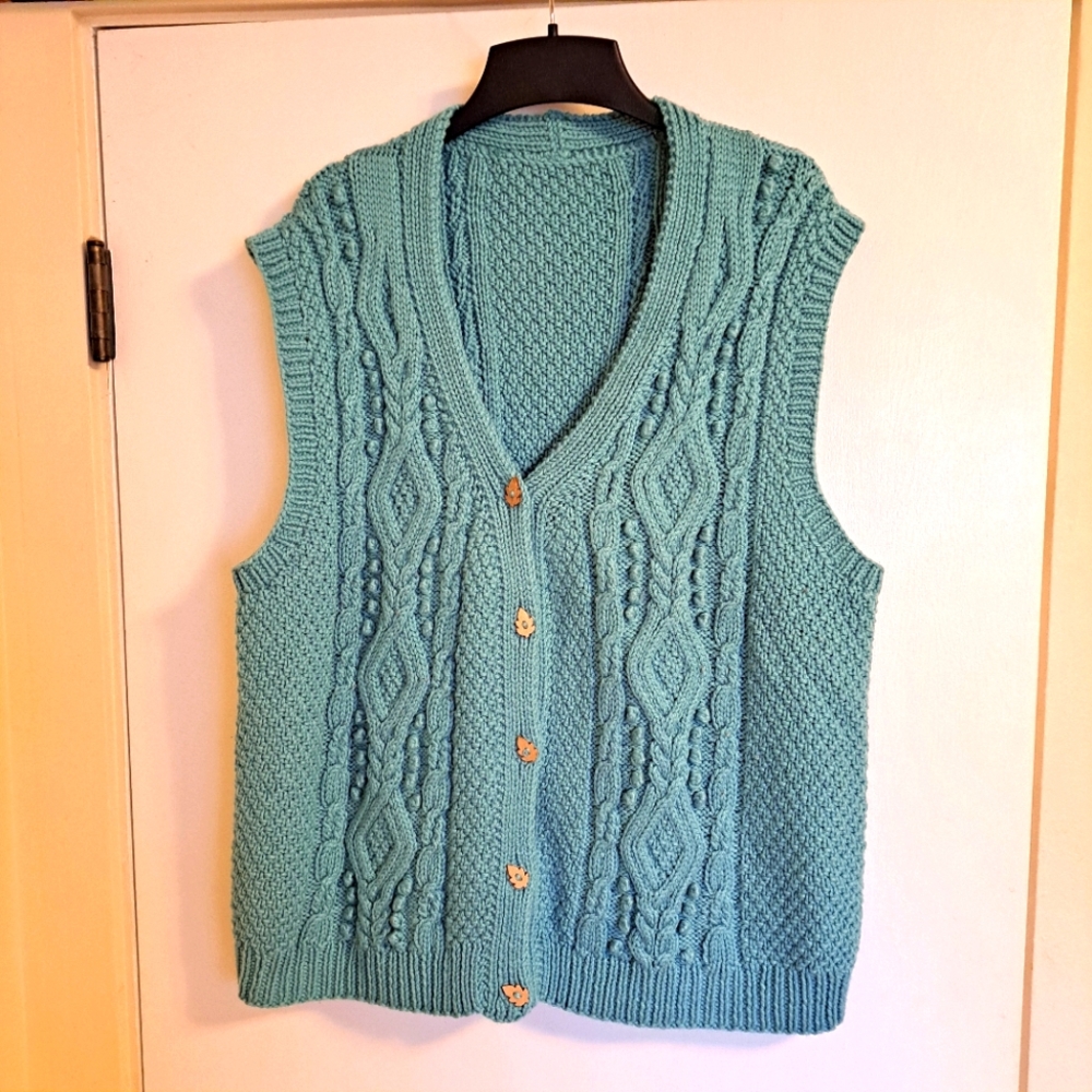 Handmade Teal Cable Knit Button Up Sweater Vest - Picture 2 of 5